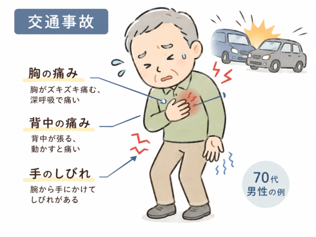 交通事故、胸、背中の痛み、手のしびれ(70代男性の例)