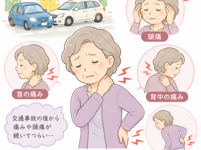交通事故、首、背中、腰の痛み、頭痛(70代女性の例)