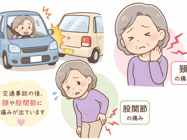 交通事故、頚、股関節の痛み(60代女性の例)