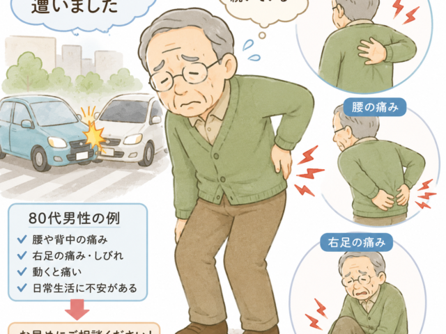 交通事故、腰と背中、右足の痛み(80代男性の例)